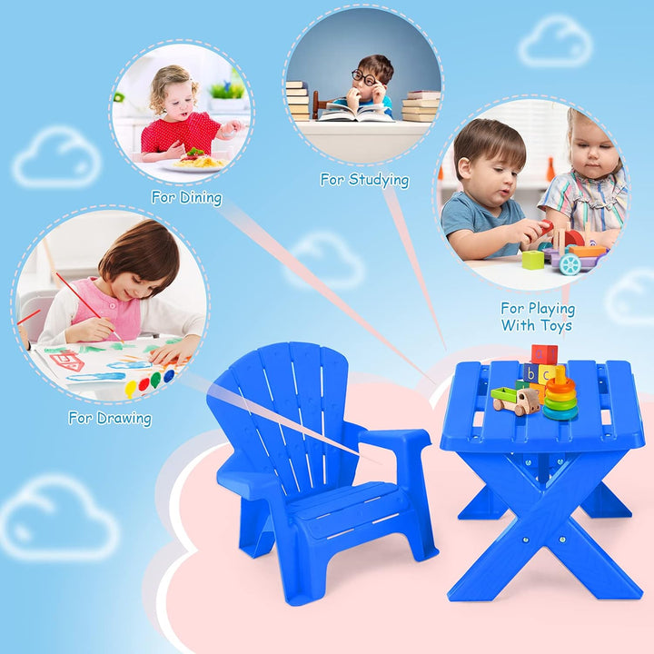 Kids Table and Chair Set, Outdoor Toddler Activity Table and Adirondack Chairs for Picnic, Garden, Patio, Backyard & Beach, Kids Outdoor Table and Chair Set (Blue)