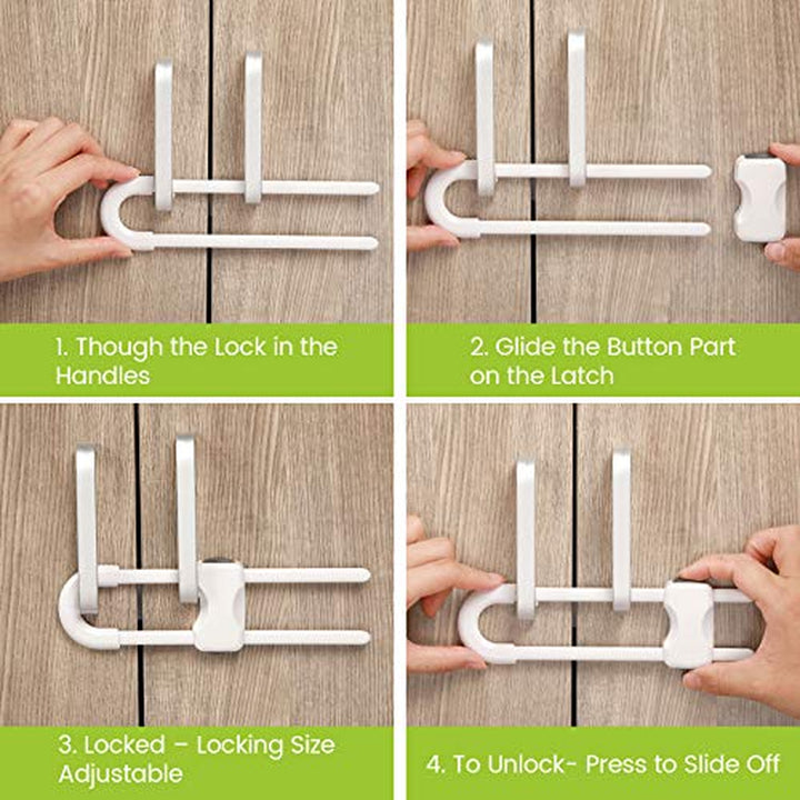 10 Pieces Cabinet Locks for Babies, U-Shaped Proofing Drawers Safety Child Locks Adjustable, Easy to Use Childproof Latch for Knob Handle on Kitchen Door Storage Cupboard Closet (White)