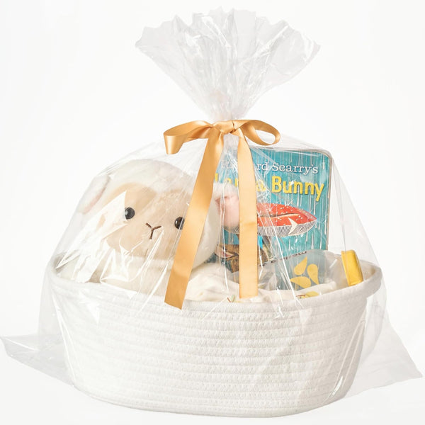Gift Basket with Wrap Bag & Ribbon – Empty Small Woven Basket (12"X8"X5"), Cute Decorative Storage Organizer for Baby Showers, Pets, Toys, Shelves and More – White