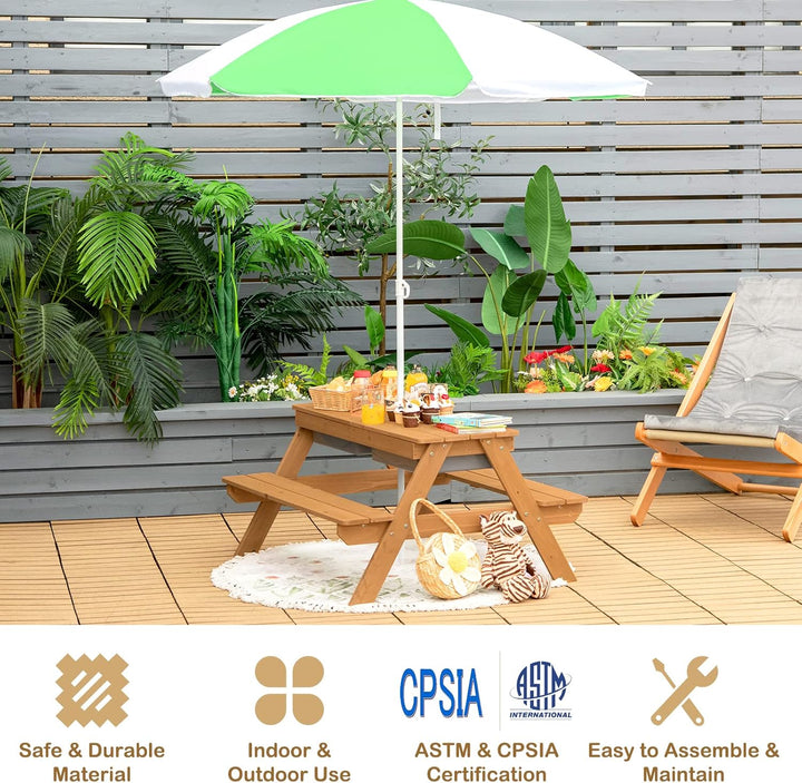 Kids Picnic Table with Sensory Bins, 4 in 1 Sand and Water Table with Height Adjustable Umbrella, Removable Tabletop for Outdoor Backyard Patio Play