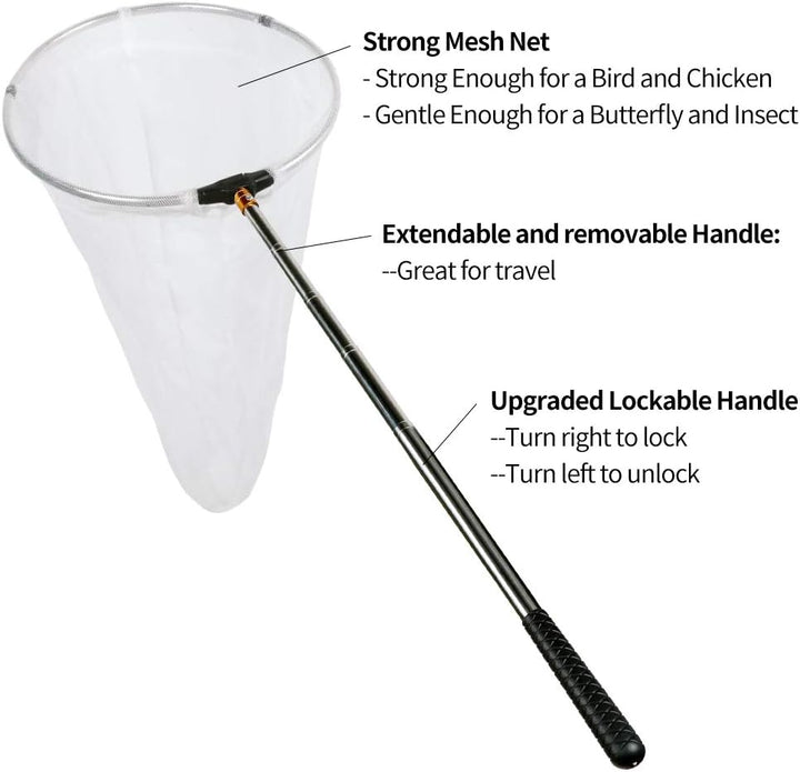 Insect and Butterfly Net with 12" Ring, 24" Net Depth, Handle Extends to 59 Inches for Adults and Kids (12" Ring, 59" Handle)