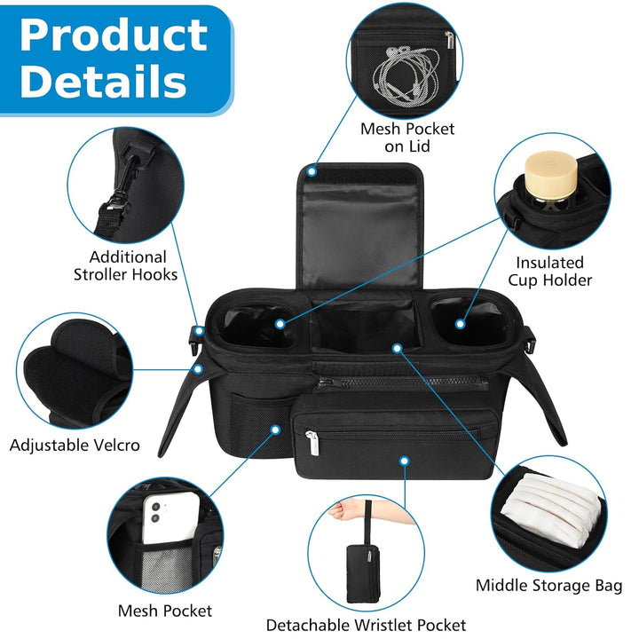 Universal Stroller Organizer with Insulated Cup Holder Detachable Phone Bag and Shoulder Strap,Stroller Bag Caddy Organizer Fits for Uppababy, Baby Jogger, Britax Strollers