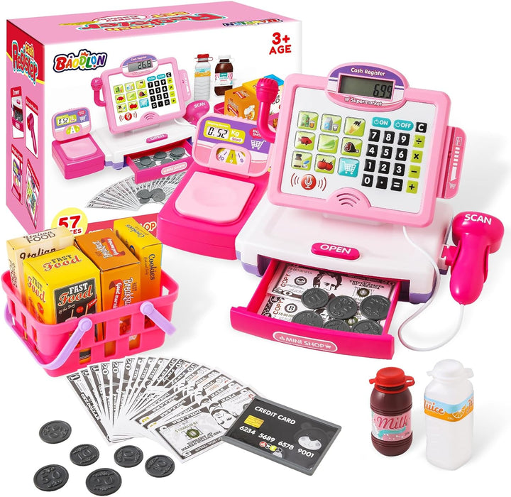 Play Calculator Cash Register Toy Gift for Kids Girls Age 3, 4, 5, 6, 7, 8+ Year Old, 57 Pcs Pink Pretend Grocery Store Playset, Incl Microphone, Credit Card, Scanner, Fake Food, Play Money for Kids