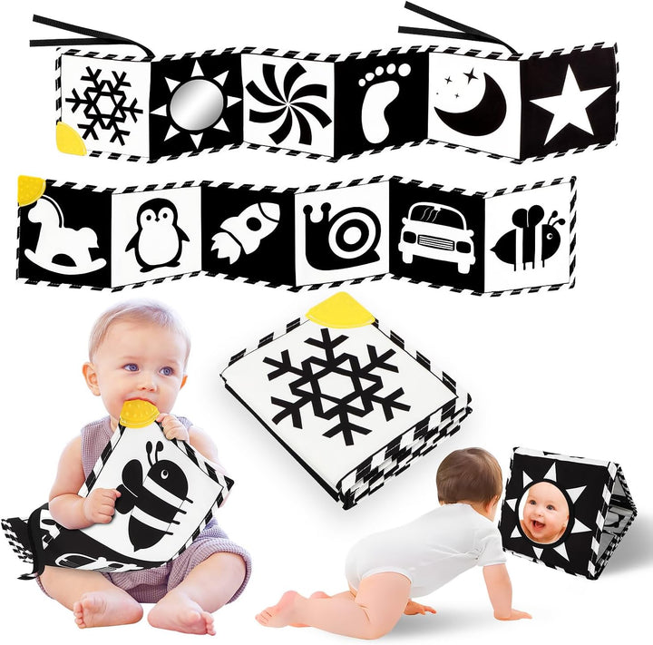 Tummy Time Toys, High Contrast Baby Book with Mirror & Teether, Black and White Infant Books, 0-6-12 Months Soft Book for Newborn, Sensory Books, Tummy Time Car Seat Toys 0-6 Month Boy Girl Gift
