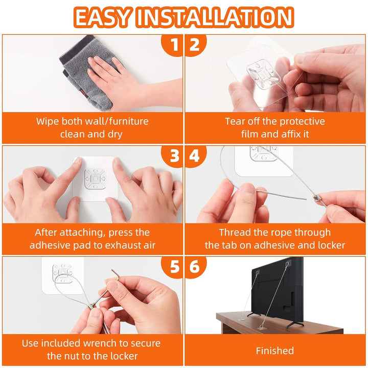 6 Pack Adjustable 42" Metal TV Safety Straps,  No-Drill Adhesive Anti-Tip Furniture Wall Anchors for Baby Proofing, Secure Flat Screens to Wall, Cabinet, Stand or Desk, Dresser, Bookshelf