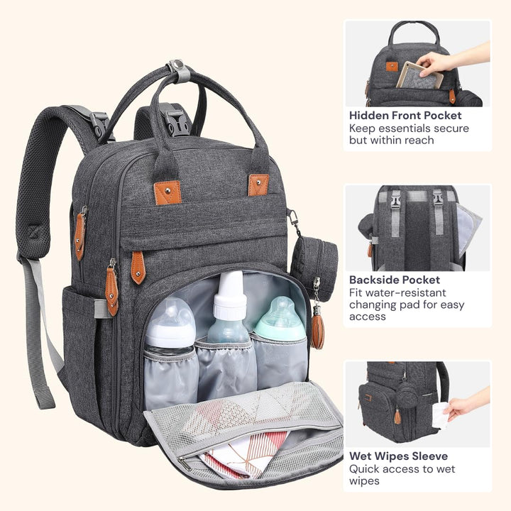 Diaper Bag Backpack - Baby Essentials Travel Tote - Multi Function Waterproof Diaper Bag, Travel Essentials Baby Bag with Changing Pad, Stroller Straps & Pacifier Case - Unisex, Dark Gray