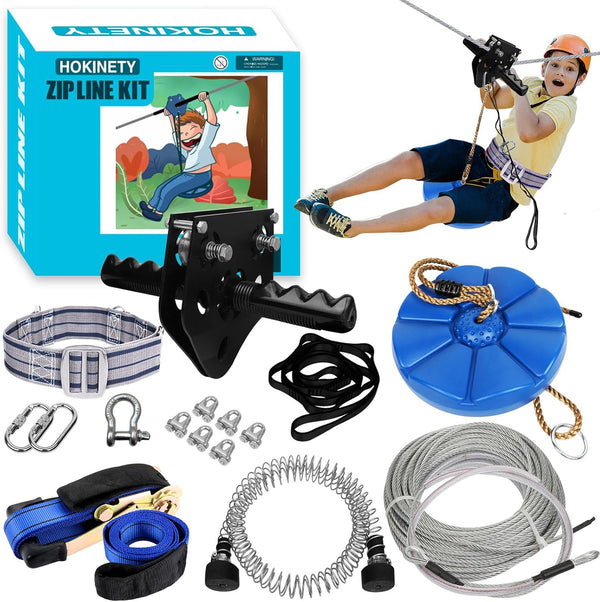 Zip Line Kit for Kids Adults : up to 450Lbs 200FT Quick Setup Zipline for Backyard Outdoor with 100% Rust Proof Removable Trolley Swing Seat Safety Harness Spring Brake