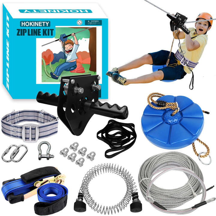 Zip Line Kit for Kids Adults : up to 450Lbs 200FT Quick Setup Zipline for Backyard Outdoor with 100% Rust Proof Removable Trolley Swing Seat Safety Harness Spring Brake