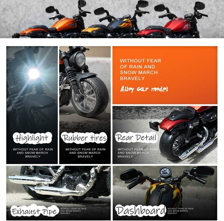 Pull Back Motorcycle Toys, Tiny Gift with Music Lighting, Retro Motorcycles Toy for Boys Kids Age 3-12 Year Old (Orange)