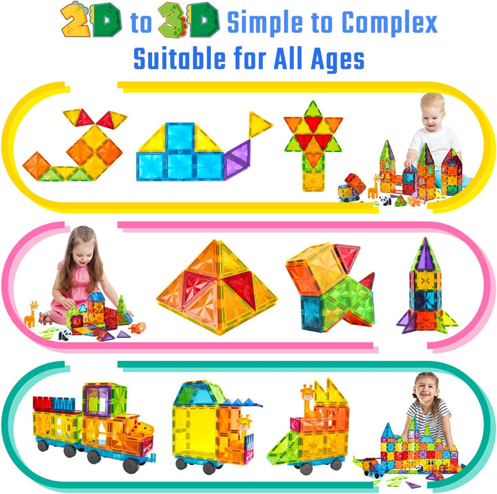Magnetic Tiles 110PCS 3D Animals Magnet Tiles with 2 Cars Kids Magnetic Building Blocks STEM Educational Magnet Toy Construction Playboards Toys Gifts for Boys Girls Toddlers 3 4 5 6 7 8 9 Year Old