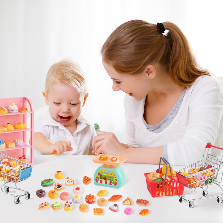 165Pcs Mini Shopping Cart Basket Miniature Food Drink Toy Supermarket Metal Handcart Shelves Cash Register Fridge Food Scale Trolley Dollhouse Store Grocery Accessories Kitchen Play Game Party Model