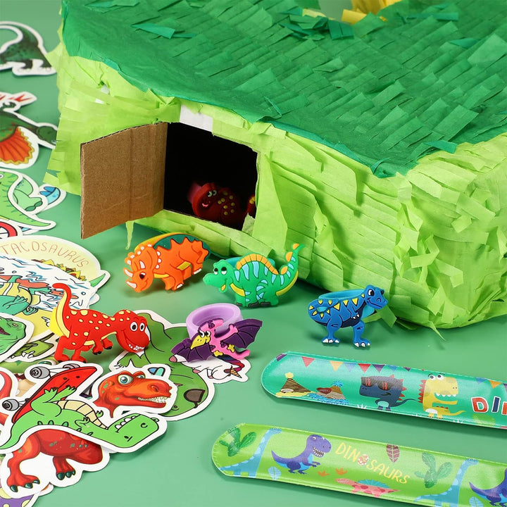 141 Pcs Dinosaur Piñata for Birthday Party, Dino Piñata Set with Blindfold and Baton, 16 X 12 X 3 Inch, Kids Dinosaur Themed Party Favors for Boys and Girls(Lovely Style)