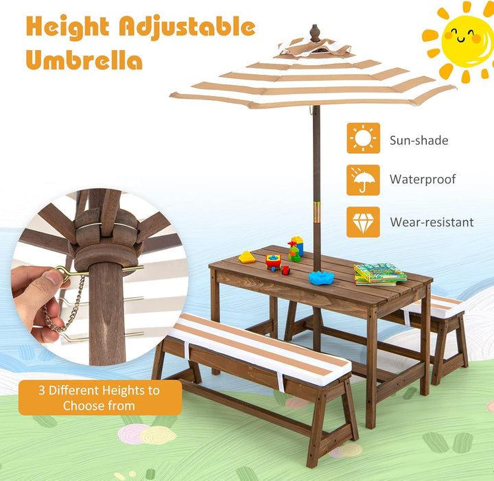 Kids Picnic Table, Toddler Wood Table & Chair Set W/Cushions, Height Adjustable Umbrella, Children Activity Table Outdoor Furniture Set for Patio, Garden, Backyard, Gift for Ages 3-8 (Coffee)