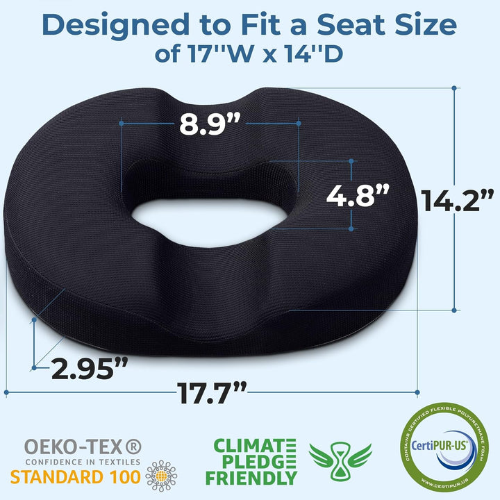 Donut Pillow Hemorrhoid Tailbone Cushion – Large Cushion for Pain Relief – Coccyx, Prostate, Sciatica, Pelvic Floor, Pressure Sores, Pregnancy, Postpartum Recovery, Black