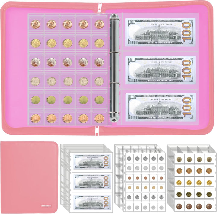Coin Collection Album Holder for Collectors, 400 Pockets Fireproof Coin Collection Book & 36 Paper Money Organizer Binder for Coin Currency Collection Supplies,Pennies,Bill,Tokens,Badges