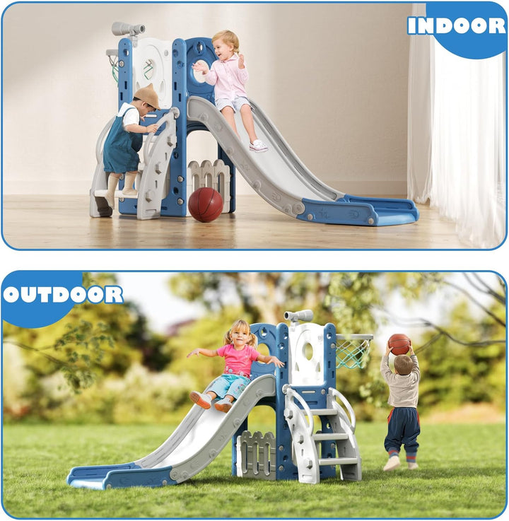 Toddler Slide 7 in 1 Outdoor Playset Kids Slides Indoor Playground for Backyard Baby Climber with Telescope Basketball Hoop and Ball Storage Space for Age 1+ Years (Blue)