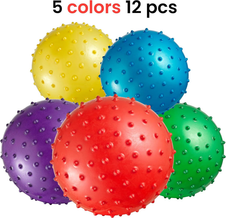 Mini Knobby Balls - (Pack of 12) Bulk 5 Inch Sensory Balls and Spiky Massage Stress Balls with Pump, Fun Bouncy Ball Party Favors