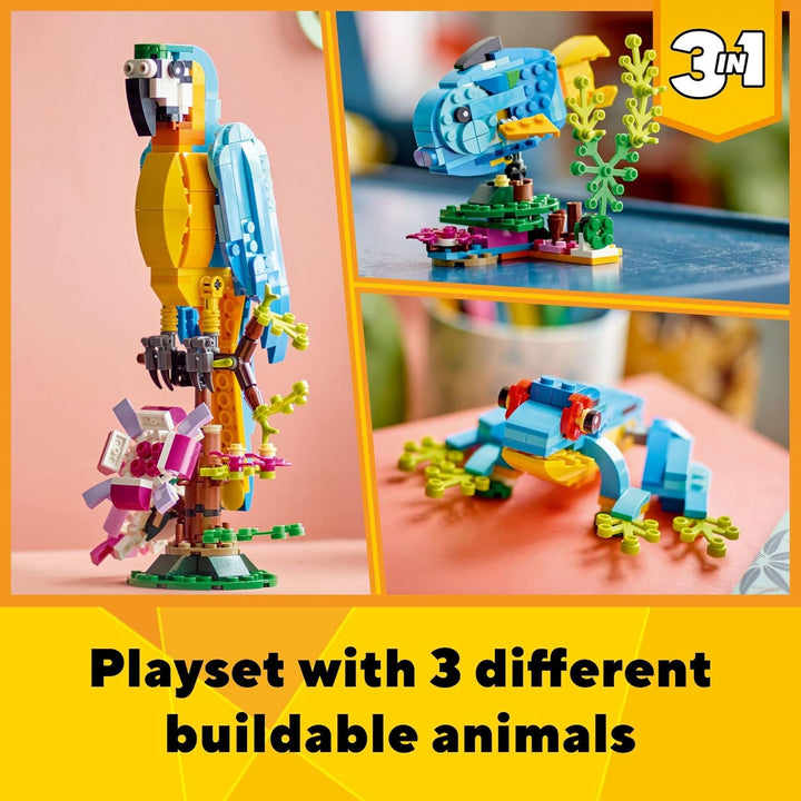 Creator 3 in 1 Exotic Parrot Building Toy Set, Transforms to 3 Different Animal Figures - from Colorful Parrot, to Swimming Fish, to Cute Frog, Creative Toys for Kids Ages 7 and Up, 31136