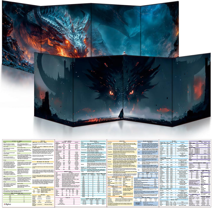 2 PCS DM Screen for D&D 5E with 2 Immersive Themes，Waterproof Reusable Surface, Tri-Fold Portable Design Folds to A4 Size DND Accessories Compatible with Players Handbook