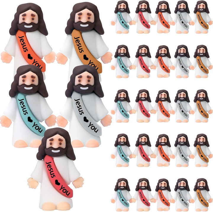 25 Pcs Little Jesus Figures Original Design Jesus Love You Mini Rubber Toys to Hide and Seek Religious Party Favors Sunday School Baptism Gifts(Lively Colors)