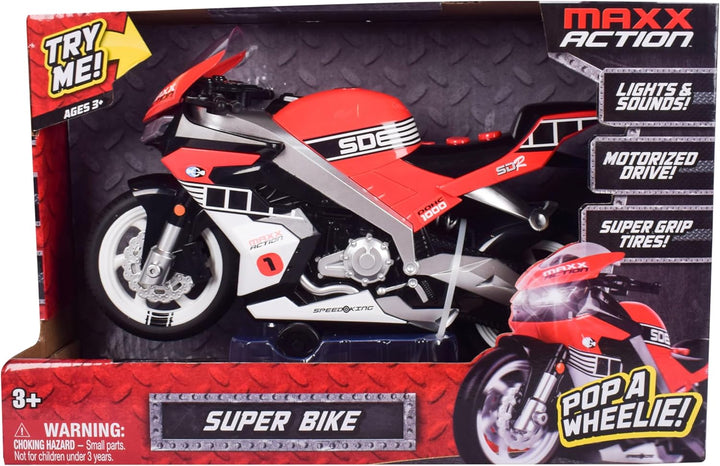 Maxx Action Super Bike with Wheelie Feature – Red Motorized Toy Motorcycle for Boys & Girls | Light & Sound Vehicle for Kids