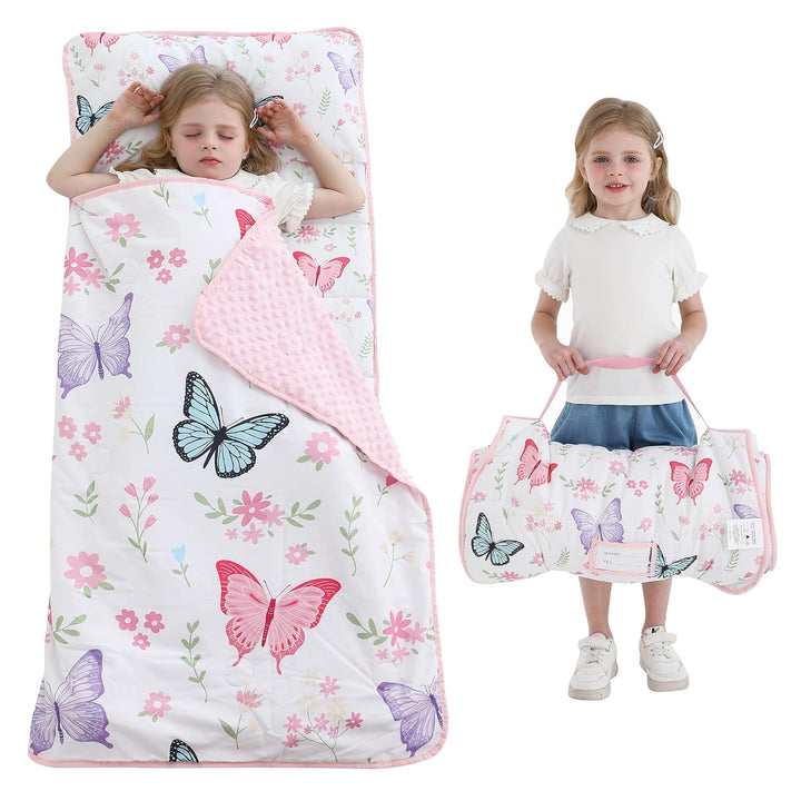 Toddler Kid Nap Mat for Preschool, Girls Pink Princess Slumber Bag, Daycare Sleeping Bag with Pillow and Blanket, Kindergarten Sleep Mat