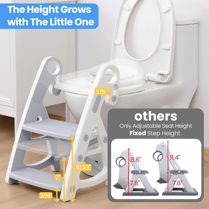 Potty Training Seat, 2-In-1 Toddler Toilet Seat with Step Stool, Ultra-Stable Potty Chair Attachment, Adjustable Seat and Step Ladder, Non-Slip Design, Splash Guard for Boys and Girls(Grey)