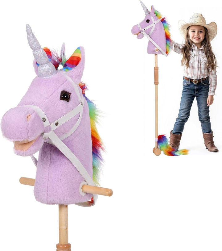 Stick Horse with Realistic Sound Effects, Hobby Horse, Wooden Pole, Handle, and Wheels, 38 Inch Tall Horse Toys Gift for Kids Toddlers 3 and Up, Black (AA Batteries Required)