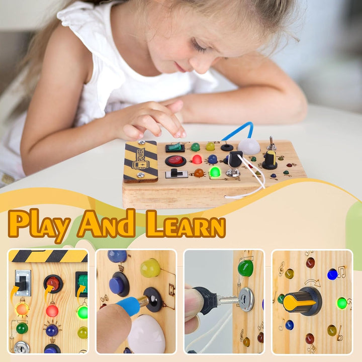 Montessori Wooden Busy Board with 8 LED Light Switches, Sensory Toys Light Switch Travel Toys for 1+ Year Old Baby and Toddler