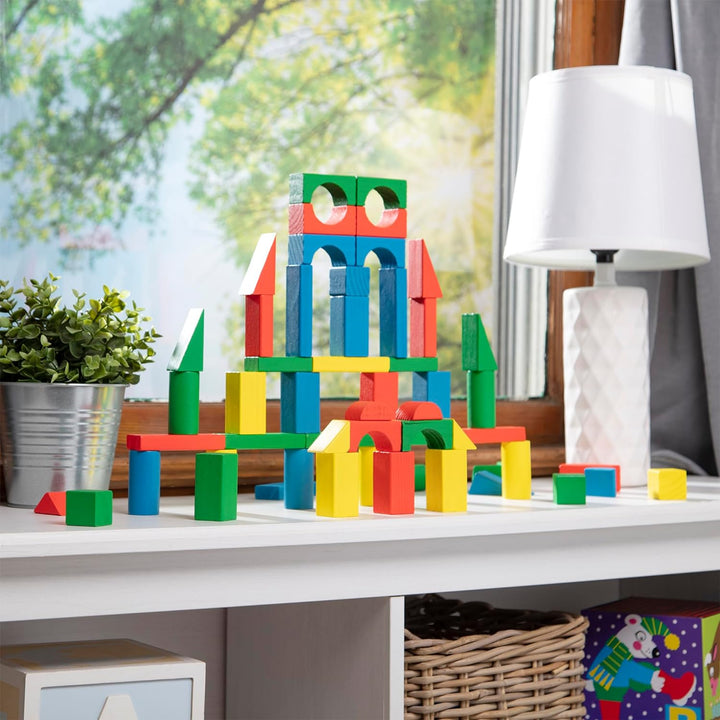 Wooden Building Blocks Set - 100 Blocks in 4 Colors and 9 Shapes - FSC Certified