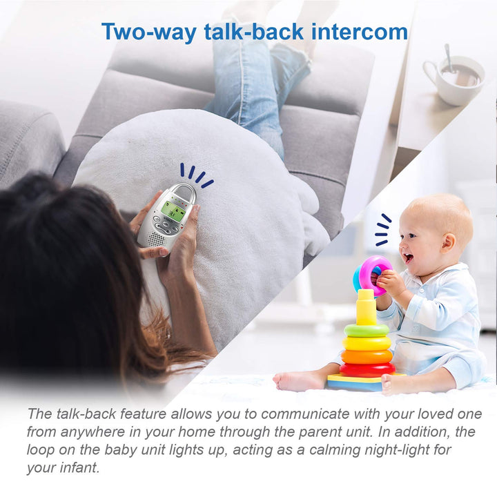 Communications DM221 Audio Baby Monitor with up to 1,000 Ft of Range, Vibrating Sound-Alert, Talk Back Intercom & Night Light Loop, White/Silver