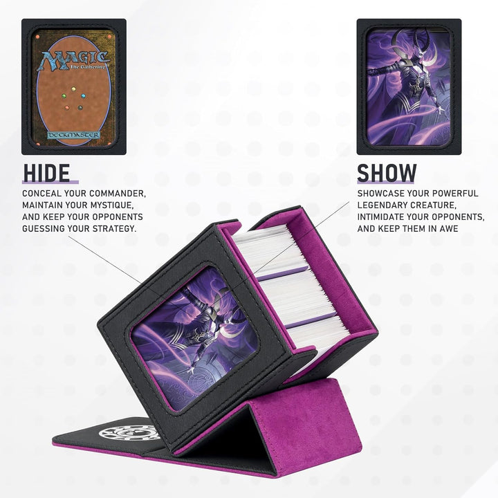 Card Deck Box for MTG with Commander Display for 100+ Double Sleeved Cards, Magnetic Card Storage Box Fits for TCG Sports Trading Cards (Black&Purple)