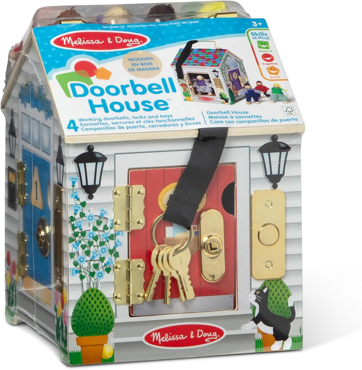 Take-Along Wooden Doorbell Dollhouse - Doorbell Sounds, Keys, 4 Poseable Wooden Dolls Portable Doll House, Doorbell House for Kids Ages 3+