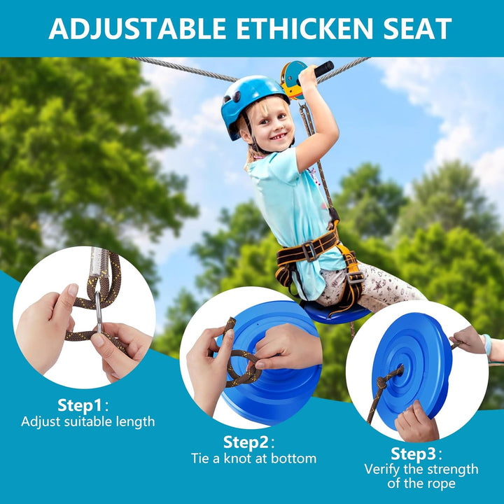 Zip Line Kit for Kids and Adults Outdoor, UFO Trolley 75/100/120/150Ft Zipline for Backyard, up to 350 Lbs, Included Swing Seat, Ziplines Stainless Steel Brake and Safety Cable
