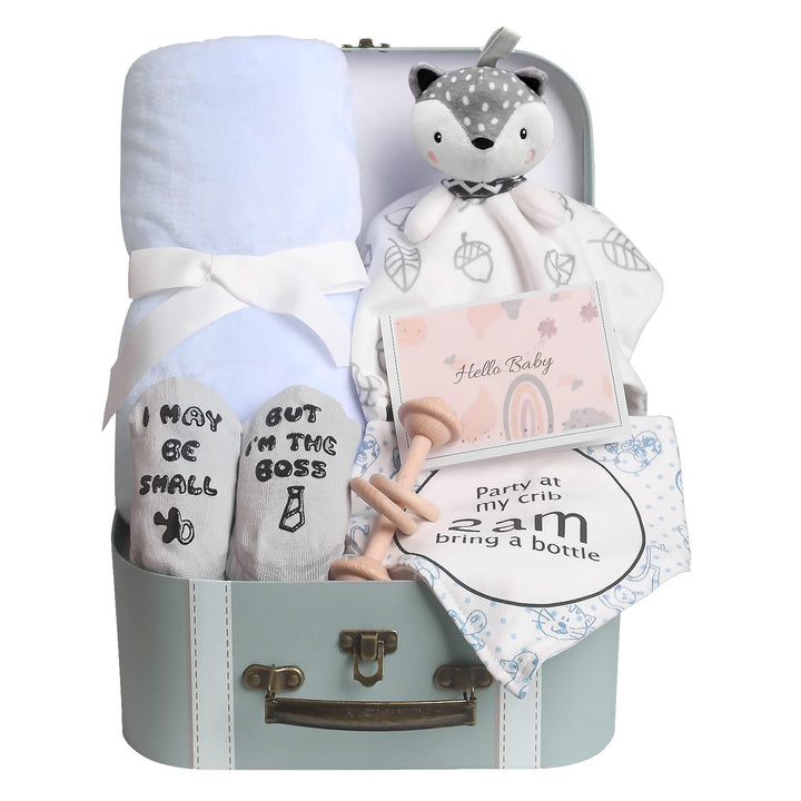 Baby Shower Gifts, Baby Boy Gifts Basket Includes Newborn Blanket Baby Lovey Security Blanket Wooden Rattle Toy, Funny Baby Bibs Socks & Greeting Card - Baby Gift Set Newborn Shower Basket