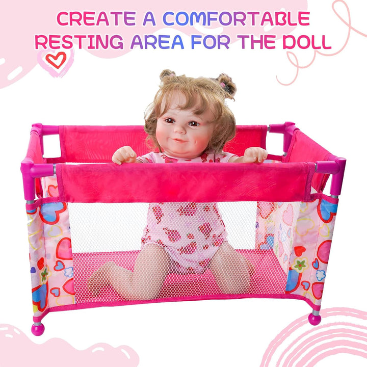 Baby Doll Crib with Storage Bag,Foldable Playpen Baby Doll Bed for 17-21" Reborn Dolls, Reborn Babies Dolls Accessories for Girls Age 3+,Pack N Play Toy Gift for Kids,Pink