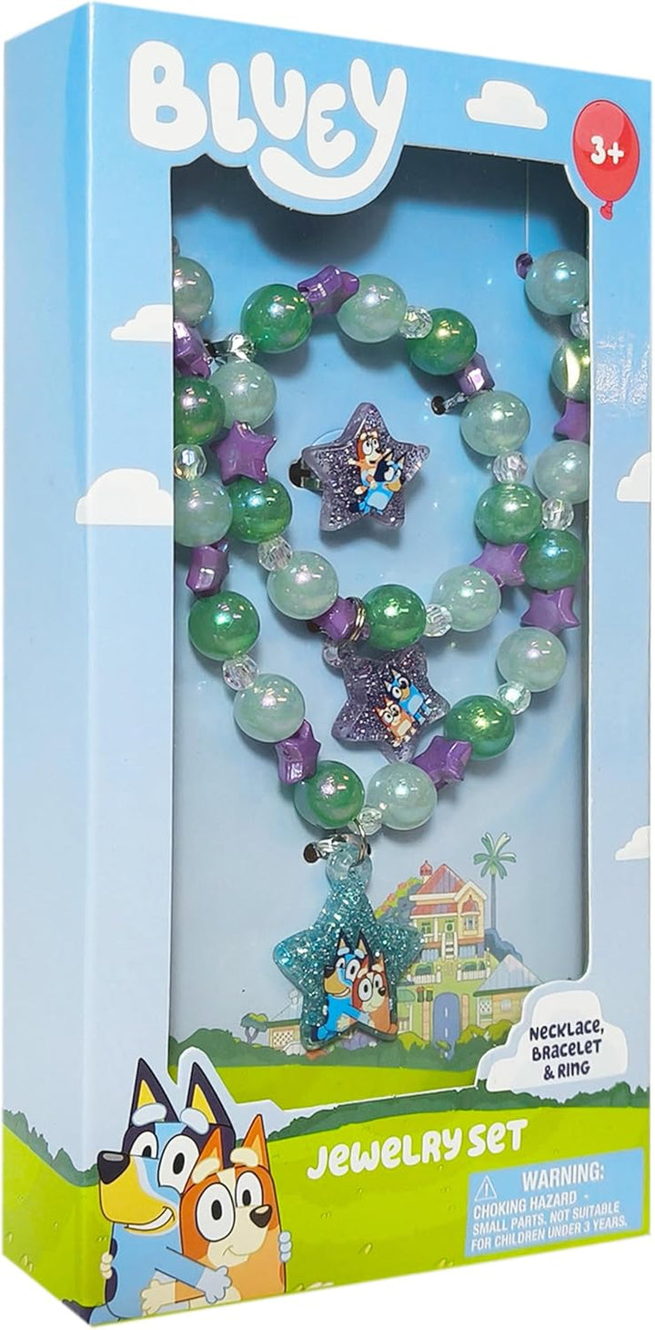 Bluey Girl'S Jewelry Set - Dress up Toy Jewelry Box Set with Bead Necklace, Bracelet and Ring - Play Accessories - Ages 3+