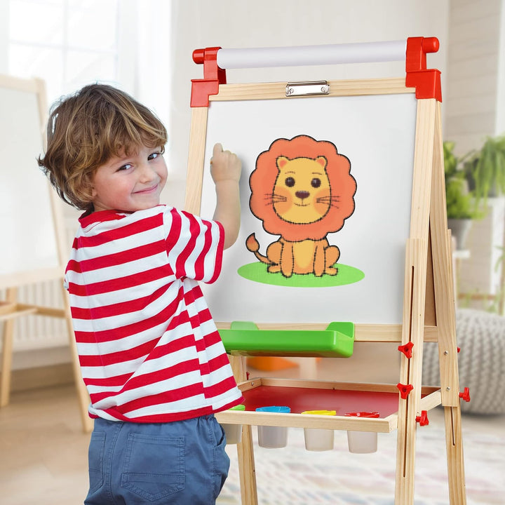 Kids Wooden Easel with Paper Roll - Adjustable Magnetic Double Sided Drawing Board Whiteboard & Chalkboard Dry Easel Board, Children Art Easel for 3~12 Years Kids Boys Girls Painting Drawing