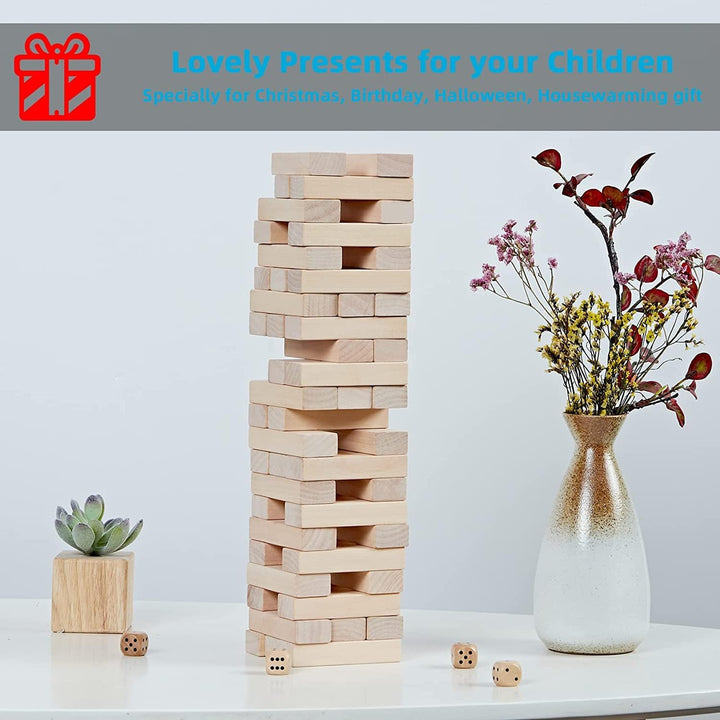 Mini Tumble Tower, 54PCS Wooden Stacking Game for Teens - Pine Stack Timber Board Games with 4 Dice Set - Classic ‌Xmas Gifts for Kids