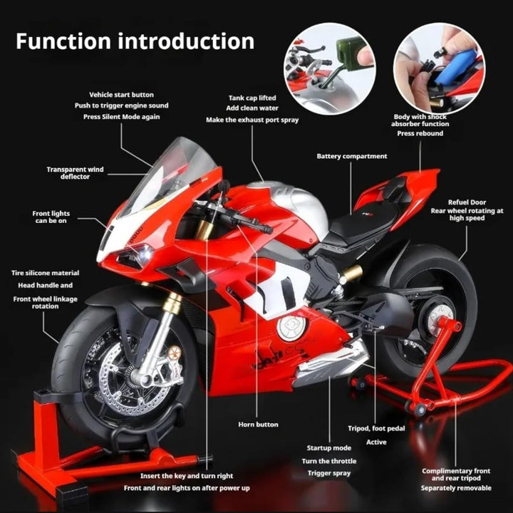 1/6 V4R Alloy Motorcycle Model Large Diecast Racing Motorbike with Ignition Smoke Effect, Adult Collectible Simulation Vehicle Gift