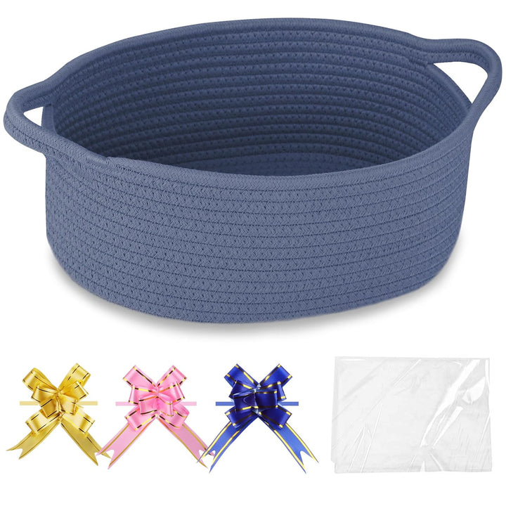 Small Woven Basket with Gift Bags and Ribbons, Gift Basket Empty, Cotton Rope Storage Organizer, Baby Toy Box with Handles, 12" X 8" X 5", Light Pink