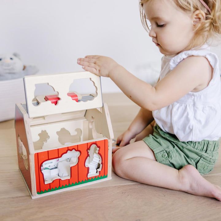 Wooden Take-Along Sorting Barn Toy with Flip-Up Roof and Handle, 10 Wooden Farm Play Pieces - Farm Toys, Shape Sorting and Stacking Learning Toys for Toddlers and Kids Ages 2+