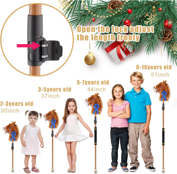 Stick Horse, Hobby Horse on a Stick for Kids Ages 4-12 Adjustable 30-52" with Illuminated Silent Wheels Comfortable Sponge Wrapped Complimentary AA Batteries Realistic Horse Neighs. (Brown-Blue)
