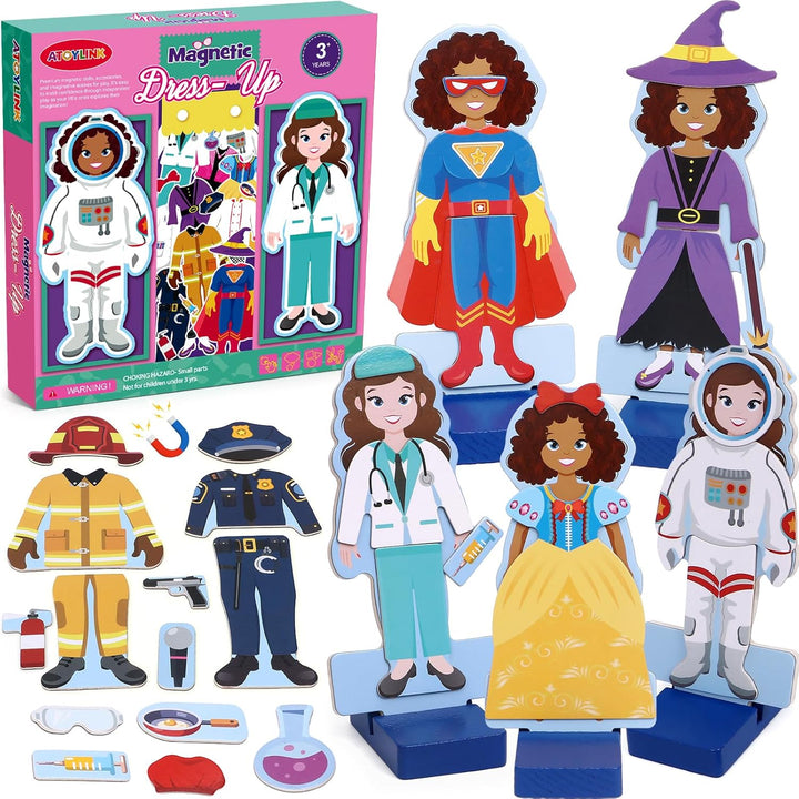 Wooden Magnetic Dress up Dolls Pretend Play Set 40+ Pcs Occupations Community Helpers Matching Games Fridge Magnets for Toddlers Preschool Learning Toys Boys Birthday Gifts