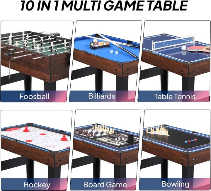 10-In-1 Multi Game Set for Adults and Family, 48" Game Table with Hockey, Foosball, Pool, Ping Pong, Shuffleboard, Chess, Checkers, Bowling, Backgammon