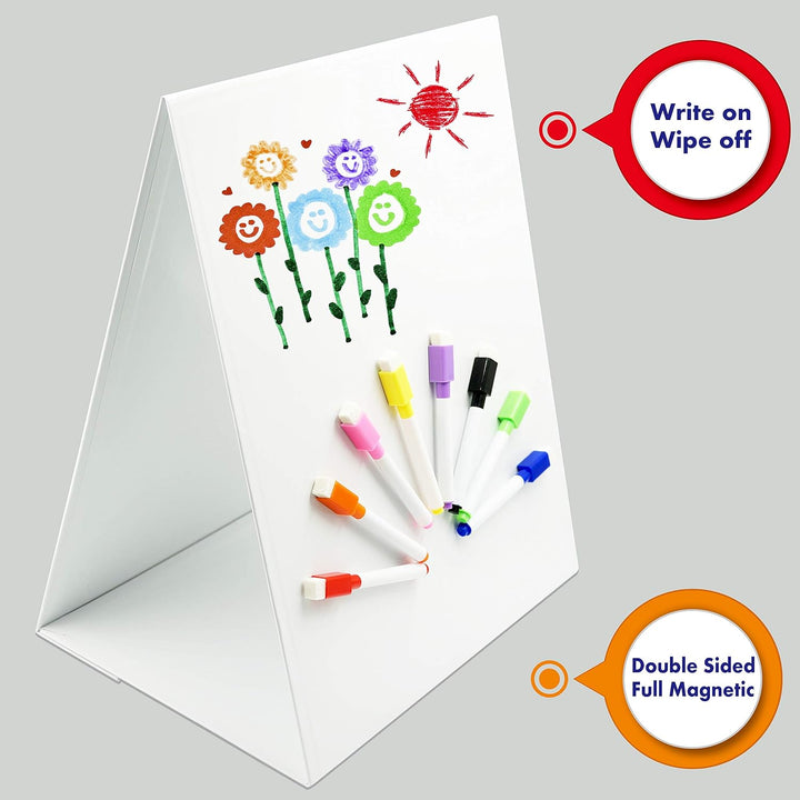 Magnetic Tabletop Desktop Easel &Whiteboard with Bonus 8X Dry Erase Markers. Double Sided and Self-Standing (16” X 12.5”)