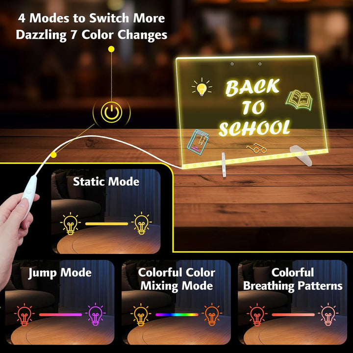 LED Note Board with Colors, 13.8"X10" 4 Modes & 7 Colors Led Acrylic Message Board with Light, Light up Acrylic Dry Erase Board, Led Drawing Board with Stand, Hanging Chain, 7 Markers, Spray Bottle