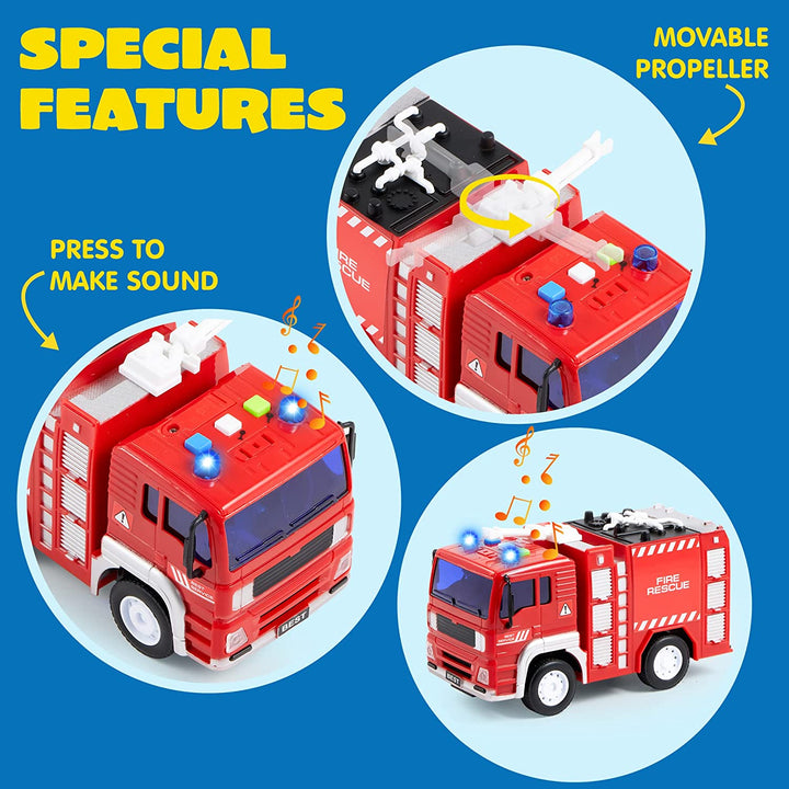 4 Packs Emergency Vehicle Toy Playsets, Friction Powered Vehicles with Light and Sound, Including Fire Truck, Ambulance, Play Police Car and Helicopter, Christmas Toddler Kids Boys Gifts