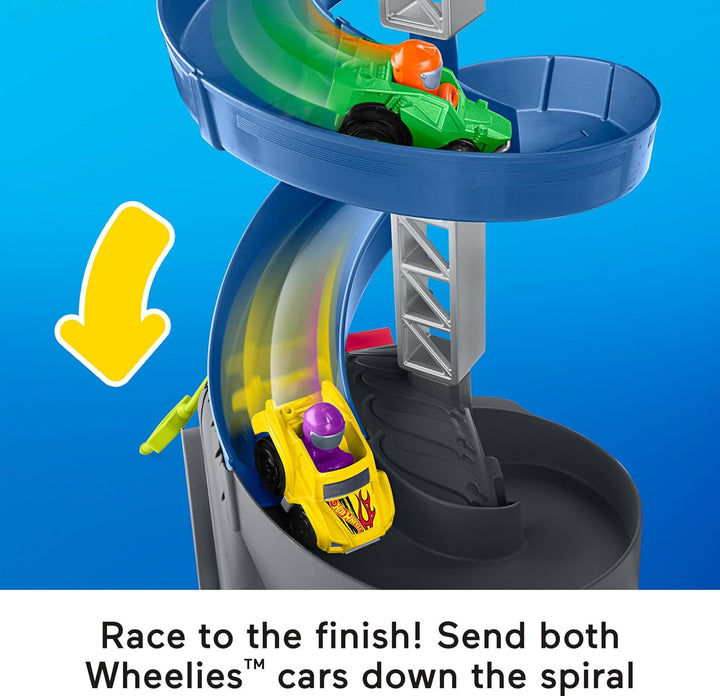 Little People Toddler Toy Hot Wheels Spiral Stunt Speedway Race Track Playset with 2 Cars for Pretend Play Kids Ages 18+ Months
