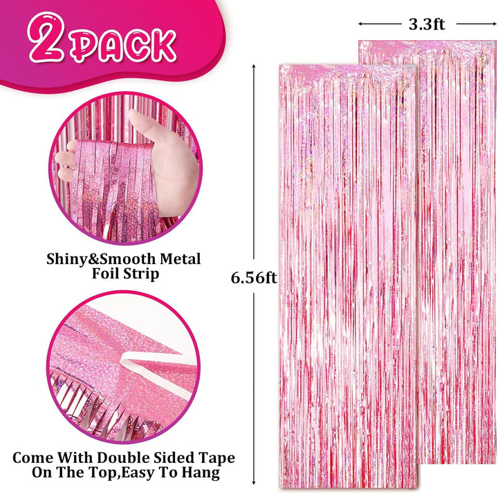 2 Pack Laser Pink Tinsel Foil Fringe Curtains, Mothers Day Pink Decorations, Metallic Tinsel Party Streamers Backdrop for Birthday Bachelorette Graduation Wedding Party Decorations